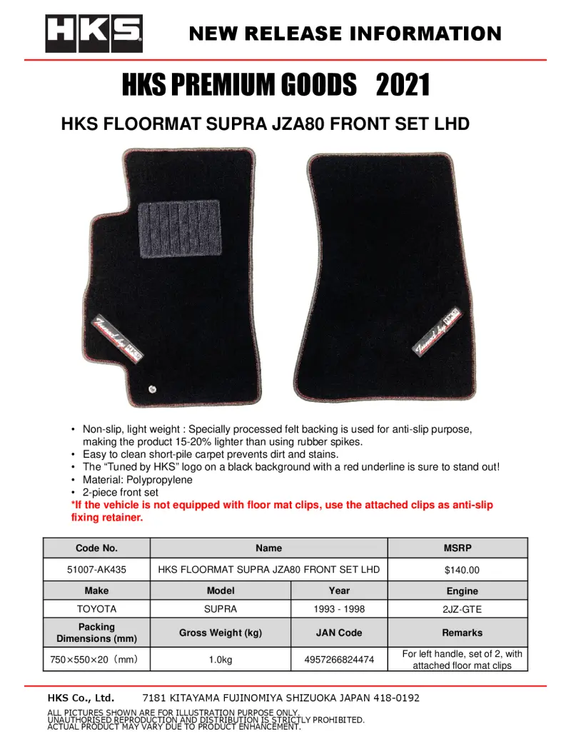 Hks Front Floormat Set For 93-02 Toyota Jza80 Supra Lhd 1