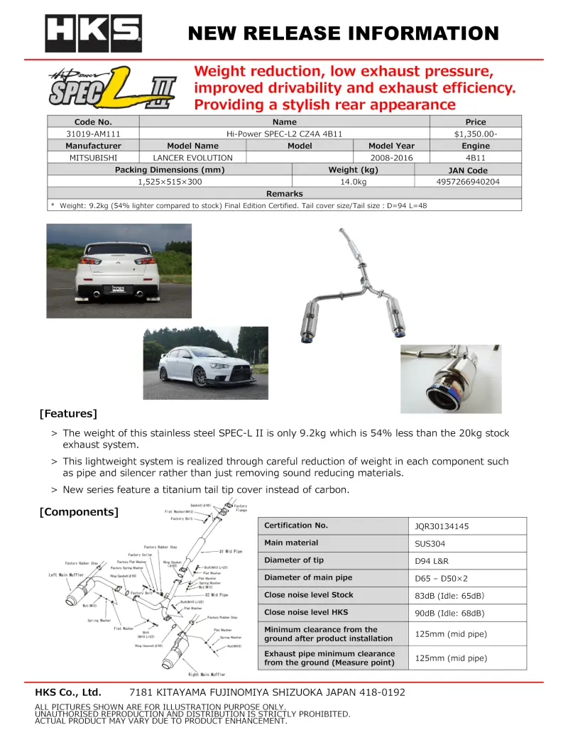 Hks Hi-Power Exhaust System For Spec-L2 Cz4a 4B11 1