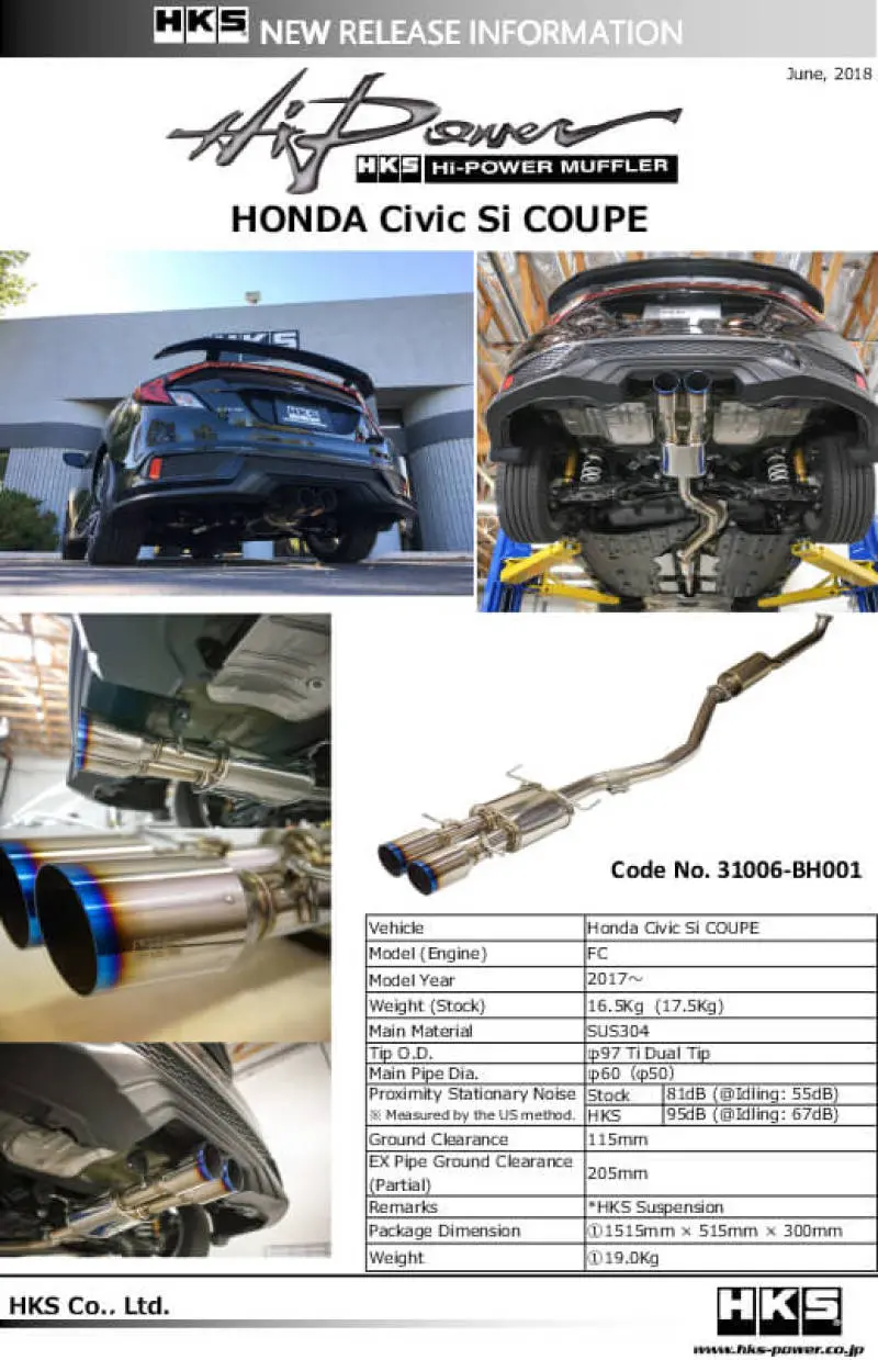 Hks Hi-Power Muffler For Honda Civic Si Coupe Fc3 2