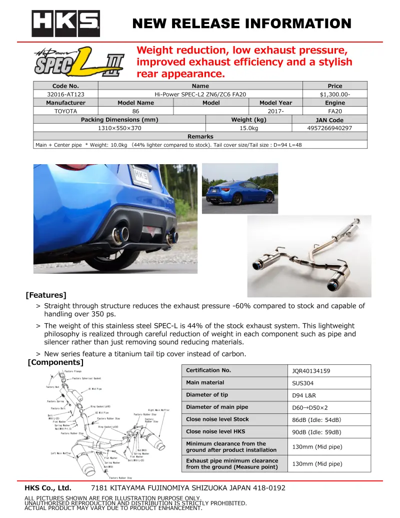 Hks Hi-Power Muffler Spec-L For Subaru Brz Zn6 1