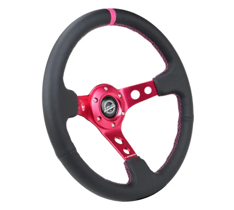 Nrg Reinforced Steering Wheel 350Mm/3In Black Leather Fushia Center Mark Fushia Stitching 1
