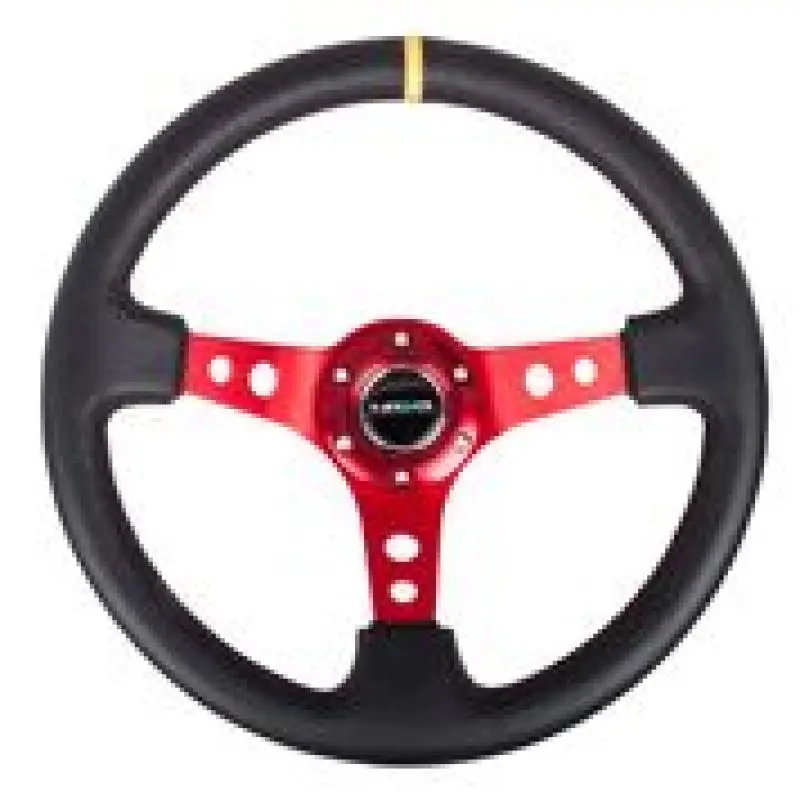 Nrg Reinforced Steering Wheel 350Mm 3In Deep Black Leather With Red Spokes Yellow Center Mark 1