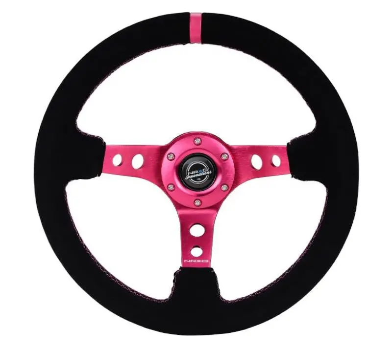Nrg Reinforced Steering Wheel (350Mm/ 3In. Deep) Black Suede Fushia Stitching 1
