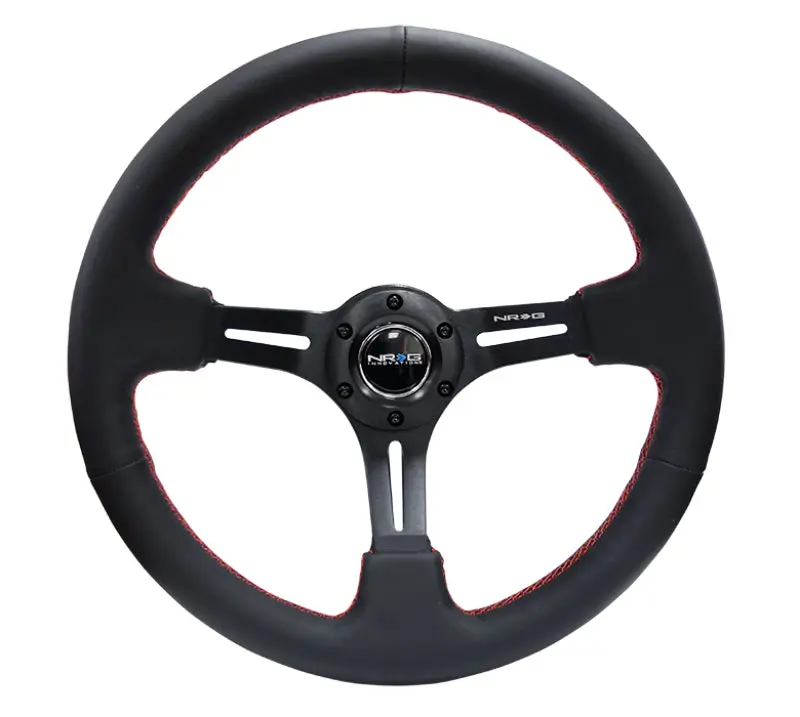 Nrg Reinforced Steering Wheel Black Leather/Red Stitch 350Mm/3In Deep Black 3-Spoke W/Slits 1