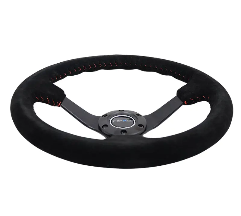 Nrg Reinforced Steering Wheel Blk Suede/Red Bball Stitch - 350Mm/3In Deep - 5Mm Matte Blk Spokes 1