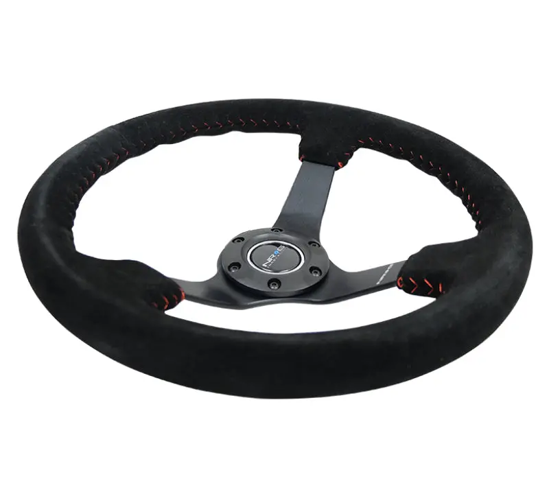 Nrg Reinforced Steering Wheel Blk Suede/Red Bball Stitch - 350Mm/3In Deep - 5Mm Matte Blk Spokes 2