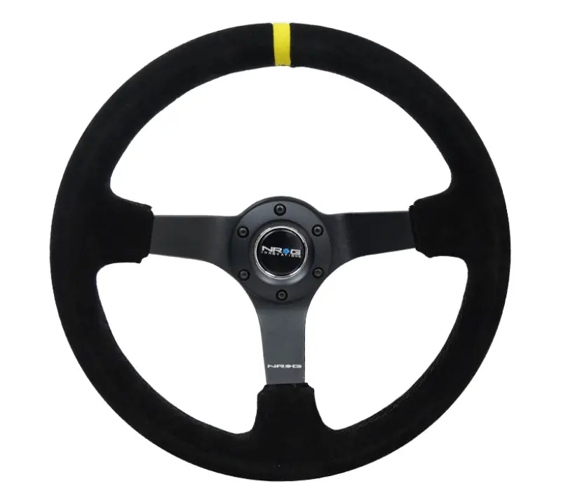 Nrg Reinforced Steering Wheel With Blk Suede/X-Stitch (350Mm / 3In. Deep) - Black Spoke & Yellow Cm 1