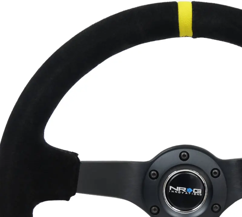 Nrg Reinforced Steering Wheel With Blk Suede/X-Stitch (350Mm / 3In. Deep) - Black Spoke & Yellow Cm 2