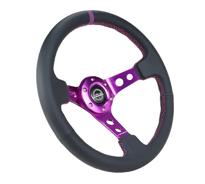 Nrg Steering Wheel Reinforced Black Leather 350Mm 3In Deep Purple Center & Stitching - Vehicle Compatibility (If Available) 1