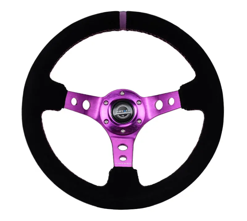 Nrg Steering Wheel Reinforced Black Suede 350Mm 3In Deep Purple Center Purple Stitching 1