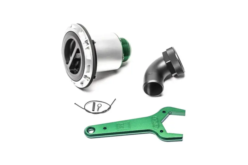 Radium Engineering Remote Mount Vented Standard Filler 1.5In Elbow With 24An Male Connection And Angled Neck 1