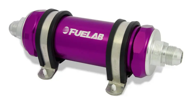 Fuelab 828 Inline Fuel Filter – Stainless Steel, 100-Micron, -8An Inlet/Outlet, Long Body, Purple Finish 1