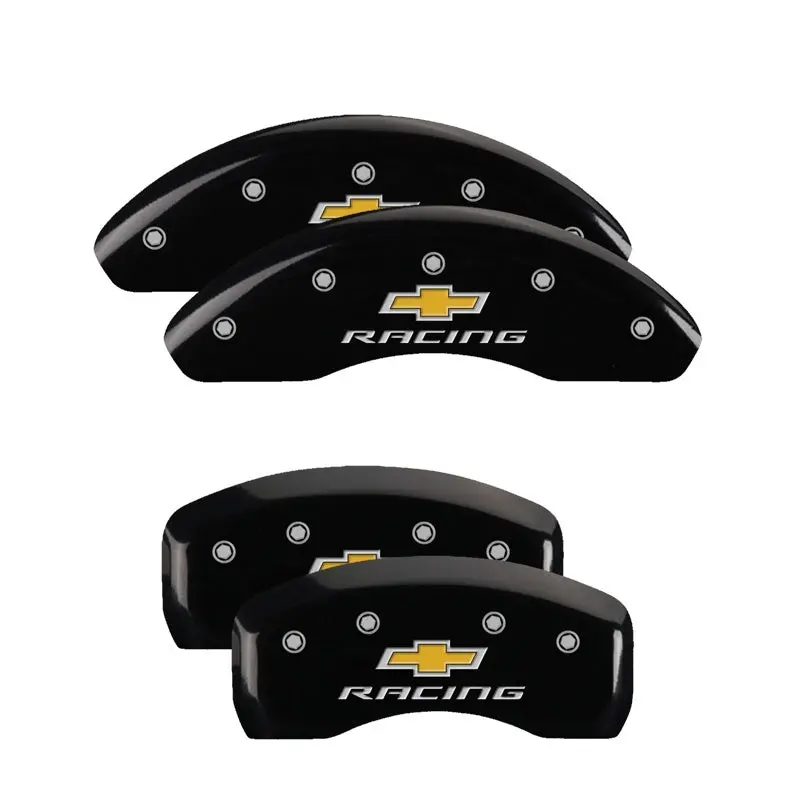 Mgp Engraved 4-Piston Caliper Covers – Front & Rear, Black W/ Silver Accent (Chevy Racing Style) 1